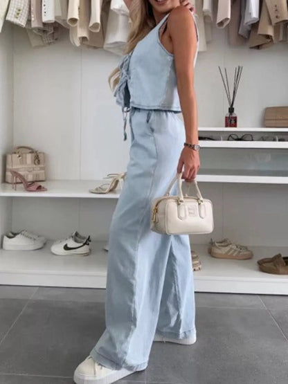 Hazel Blues® |  Tie Front Vest and Jeans Denim Set