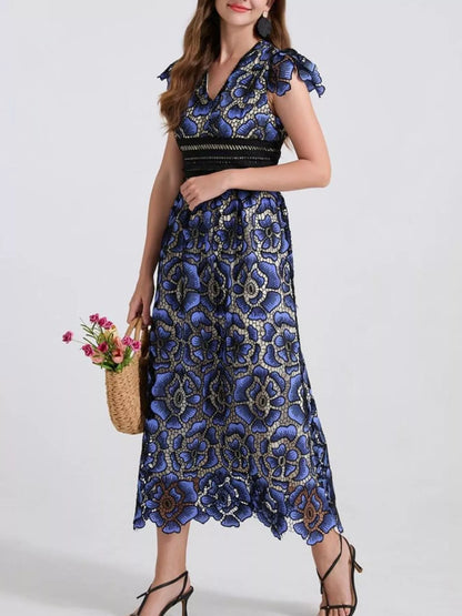 Hazel Blues® |  Printed V-Neck Ruffle Sleeve Midi Dress