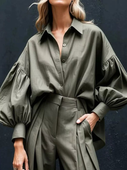 Hazel Blues® |  Lantern Sleeve Shirt and Wide Leg Pants Set
