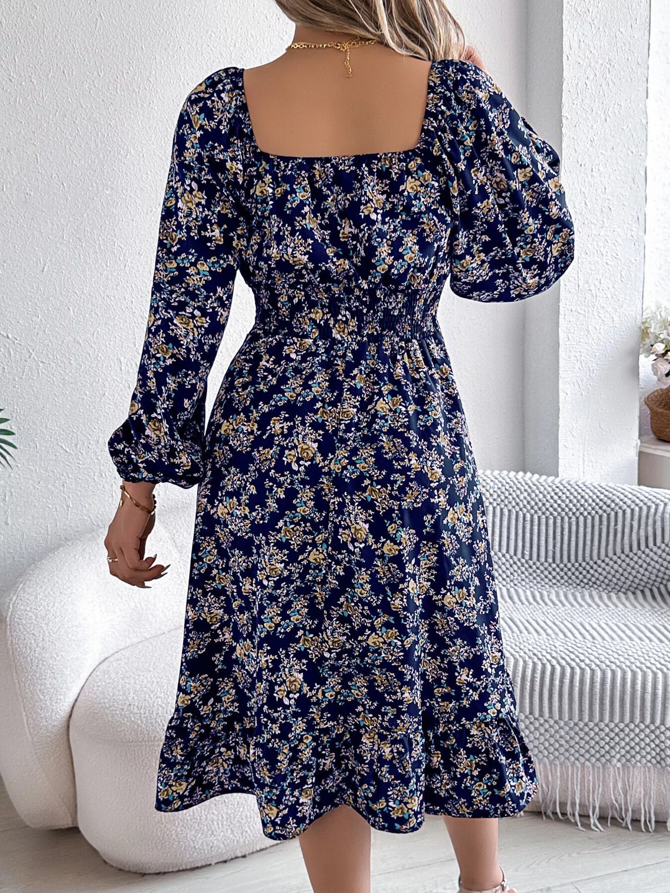 Hazel Blues® |  Floral Print Long Sleeve Square Neck Midi Dress