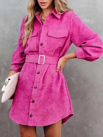 Hazel Blues® |  Button Front Belt Long Sleeve Corduroy Dress