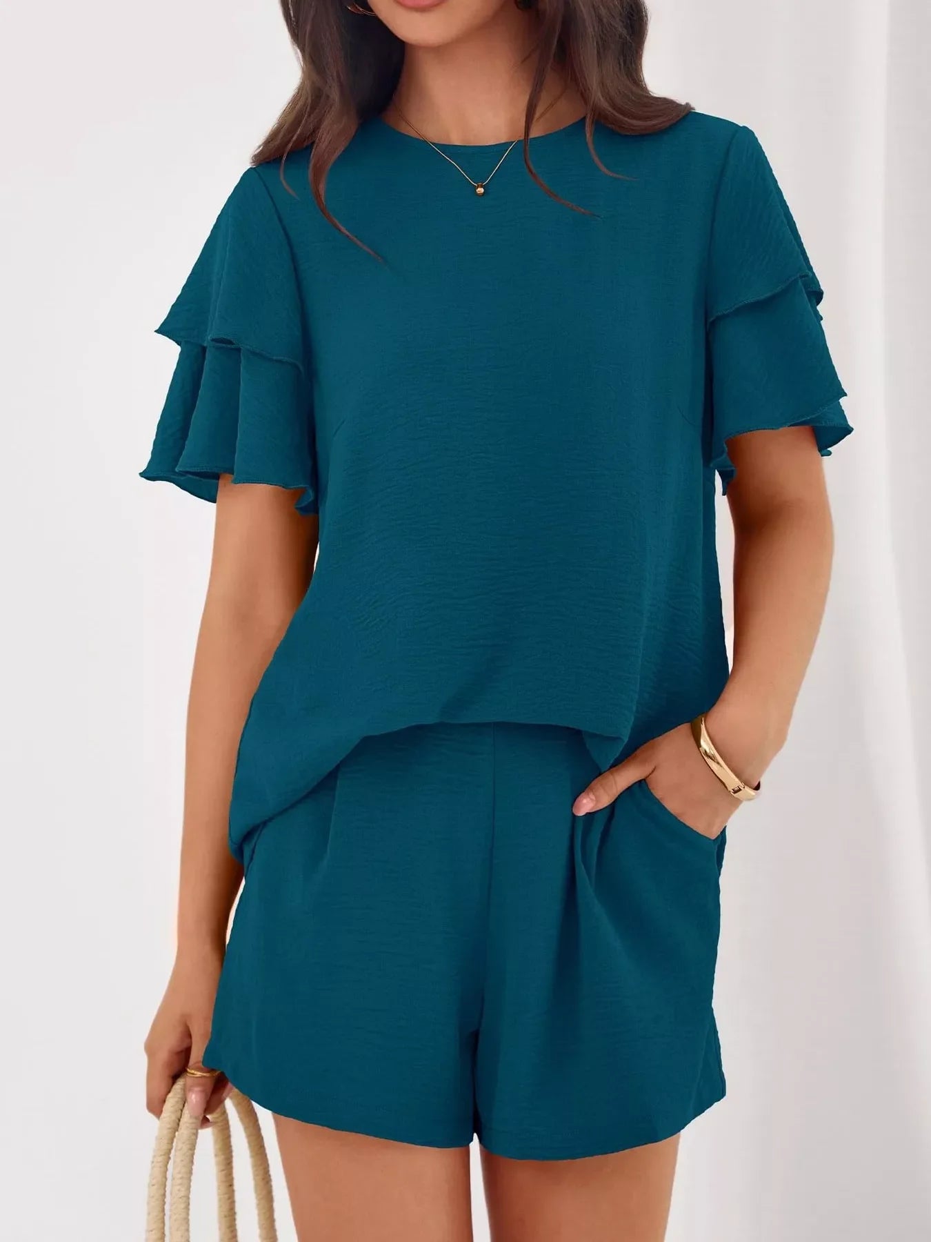 Hazel Blues® |  Ruffle Sleeve Top and Shorts Two-Piece Set