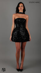 Eclipse - Black Mini Party Dress Sequin and Beaded Sparkly Strapless Corset Choker