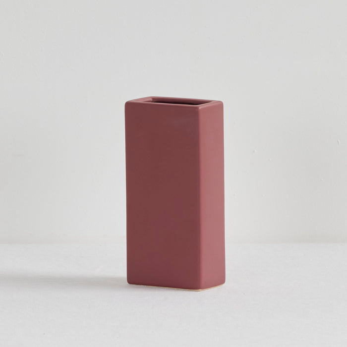 Block Vase - Port, sculptural port-coloured ceramic vase with a tall rectangular form and square opening
