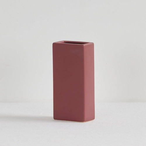 Block Vase - Port, sculptural port-coloured ceramic vase with a tall rectangular form and square opening