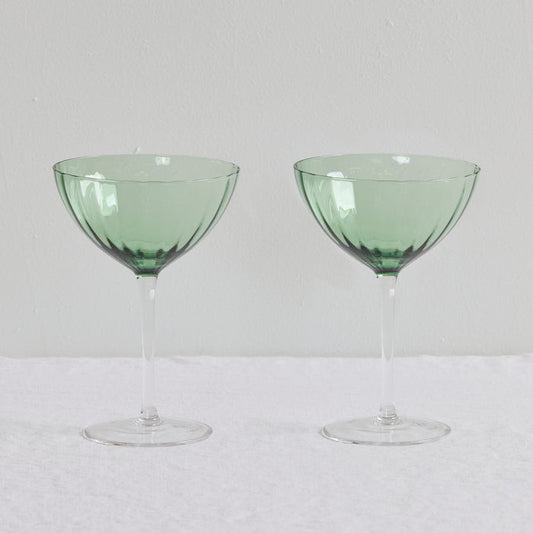 Bravo Coupe Glass Set - 2pc - Green, pair of softly tinted green glass coupe glasses with clear stems.