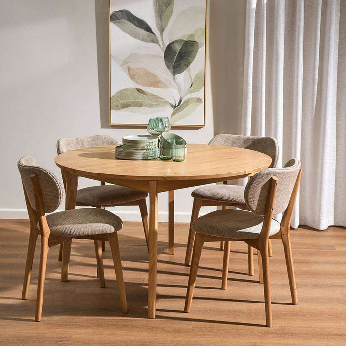 Briar Dining Chair - Oak/Taupe, taupe upholstered dining chairs with oak frames styled around a round timber dining table.