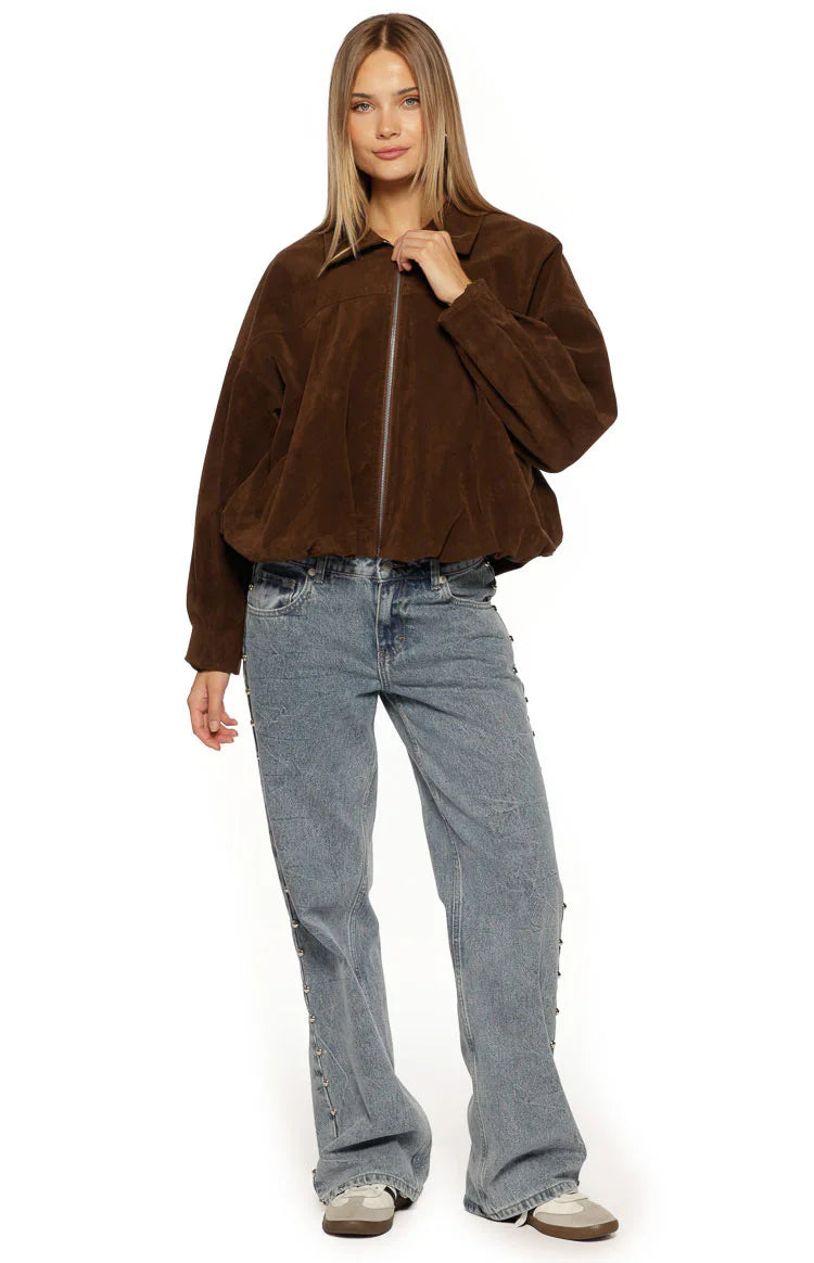 Brookie Brown Suedette Cuff Sleeve Bomber Jacket