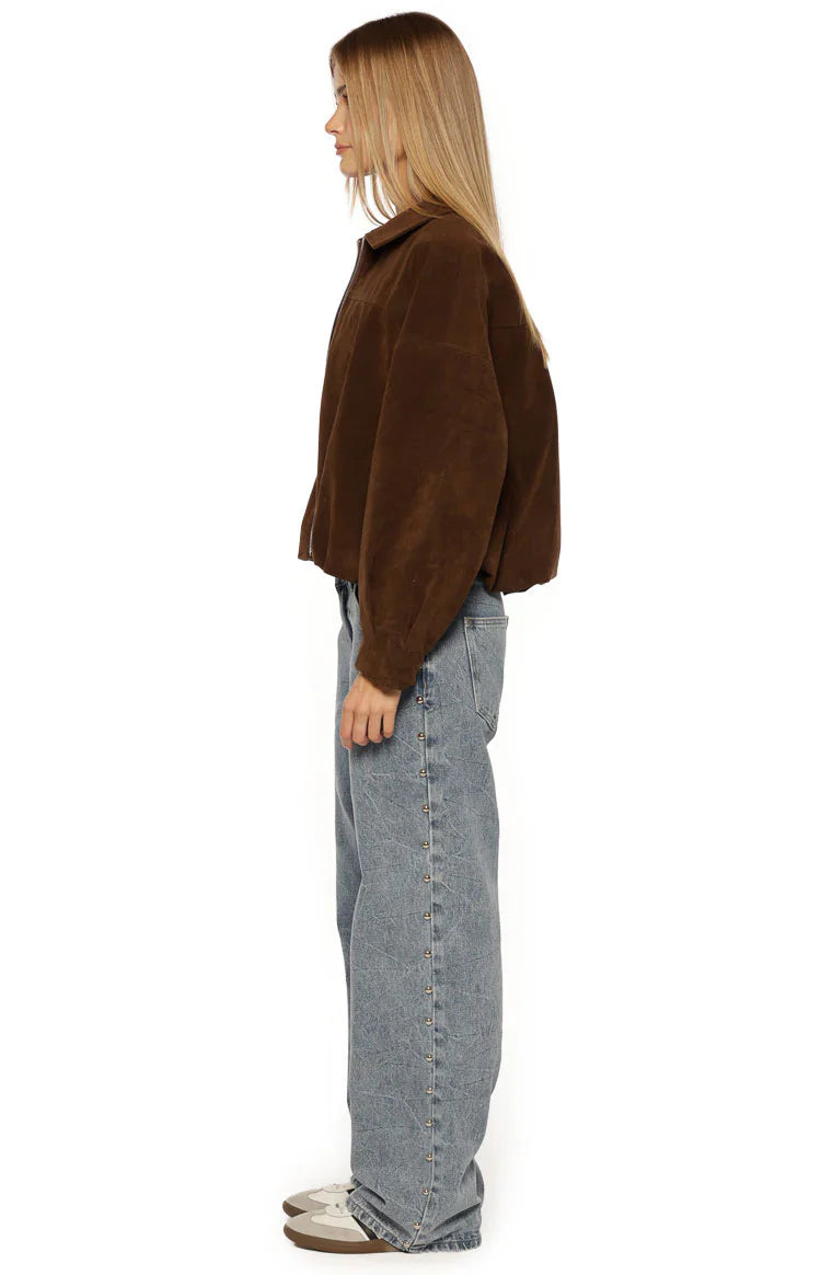 Brookie Brown Suedette Cuff Sleeve Bomber Jacket