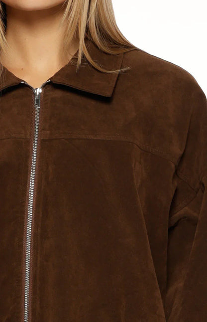 Brookie Brown Suedette Cuff Sleeve Bomber Jacket