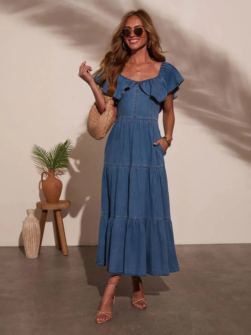Hazel Blues® |  Off Shoulder Ruffle Tiered Denim Dress