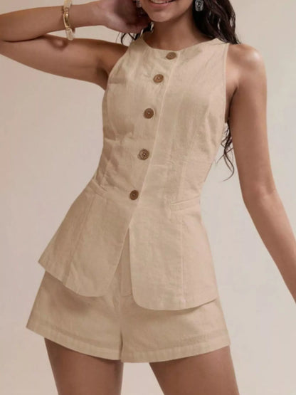 Hazel Blues® |  Button-Down Sleeveless Top and Shorts Set
