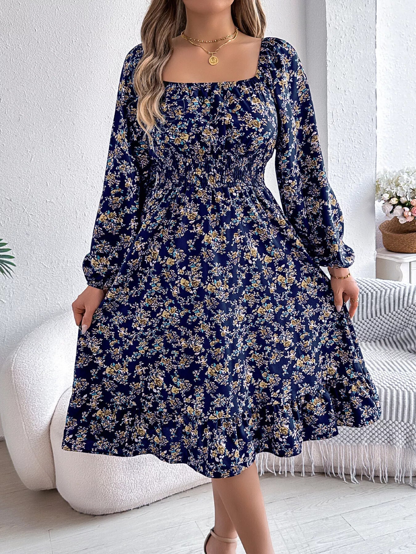 Hazel Blues® |  Floral Print Long Sleeve Square Neck Midi Dress