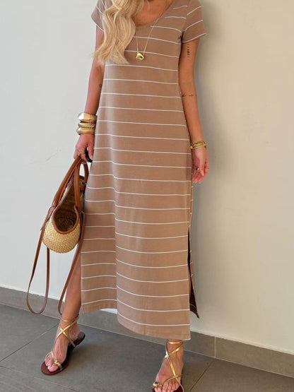 Hazel Blues® |  Stripe Short Sleeve Side Slit Maxi T Shirt Dress