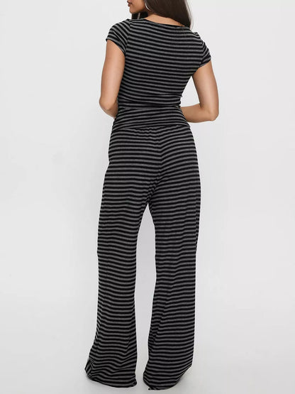 Hazel Blues® |  Striped Button-Down Top and Wide-Leg Pants Set