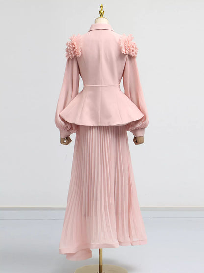 Hazel Blues® |  Frill Lapel Collar Top and Pleated Skirt Set