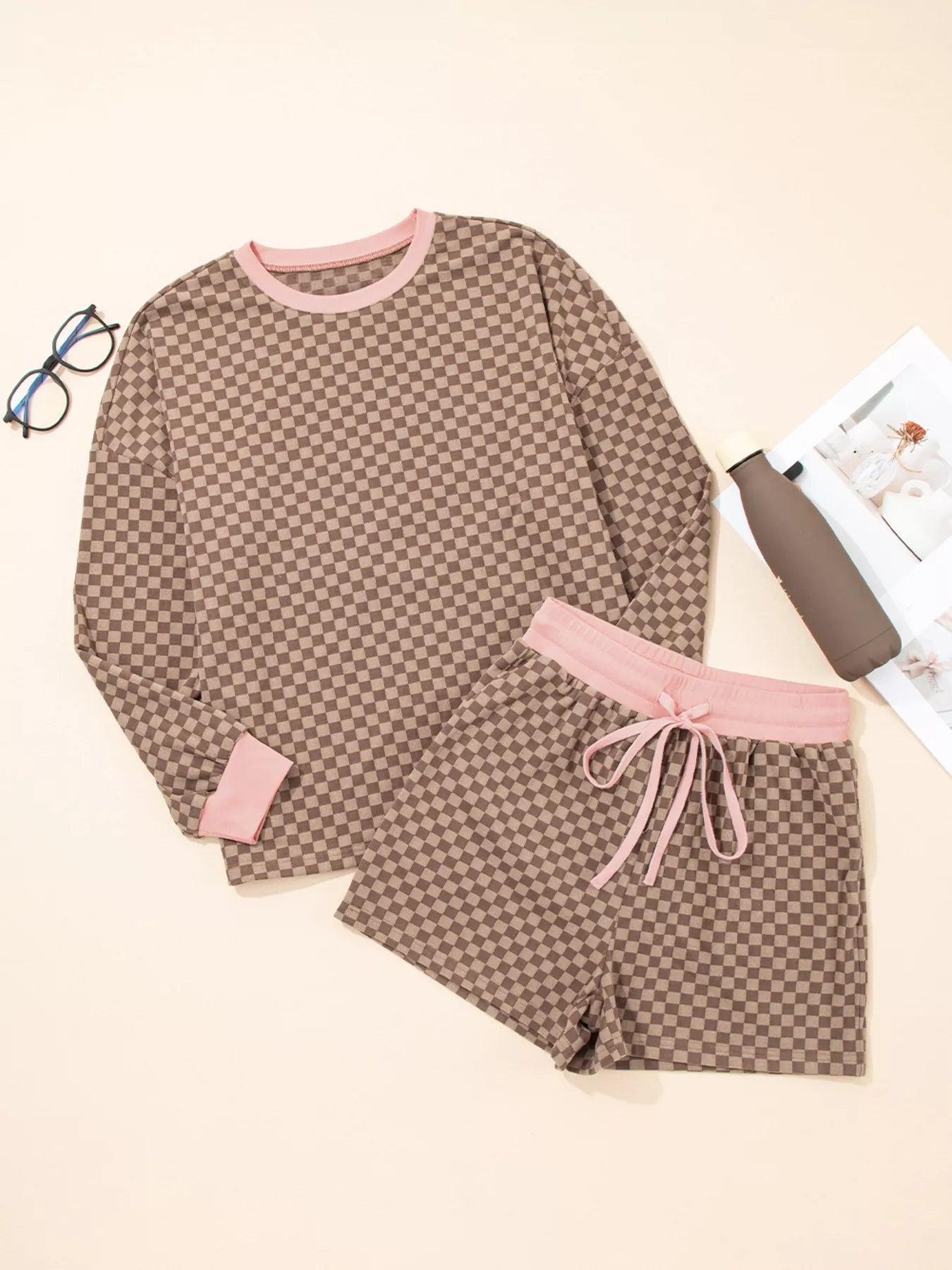 Hazel Blues® |  Checkerboard Long Sleeve Pullover and Shorts Set