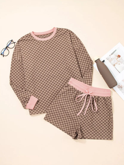 Hazel Blues® |  Checkerboard Long Sleeve Pullover and Shorts Set