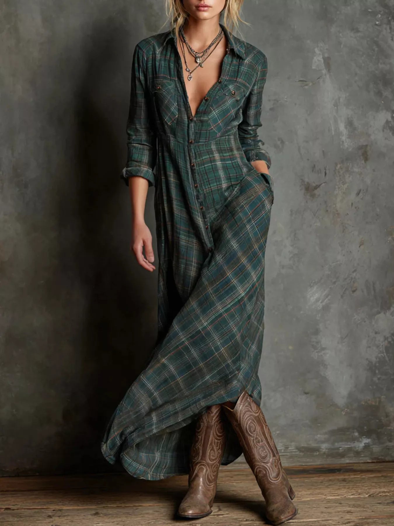 Hazel Blues® | Plaid Button-Down Maxi Dress