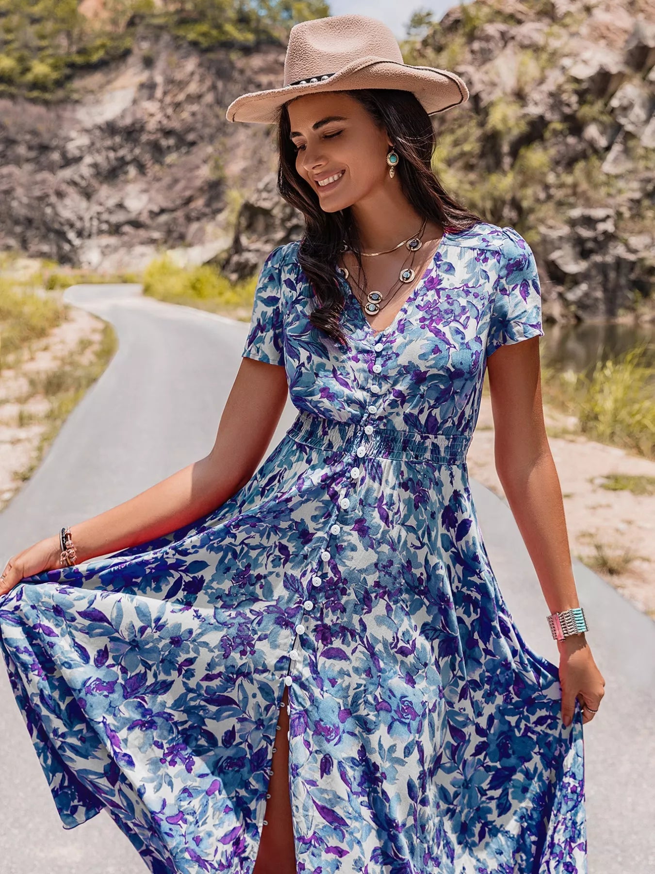 Hazel Blues® |  Floral Print V-Neck Slit Midi Dress