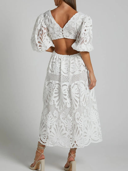 Hazel Blues® |  Cutout Back Lace Crochet V-Neck Dress