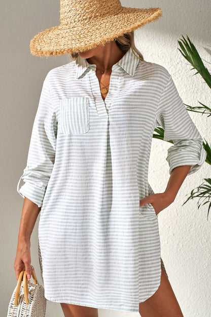 Hazel Blues® |  Striped Johnny Collar Long Sleeve Mini Shirt Dress
