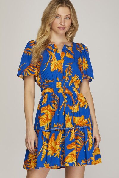 Hazel Blues® | She + Sky Printed Notched Short Sleeve Frill Tiered Dress