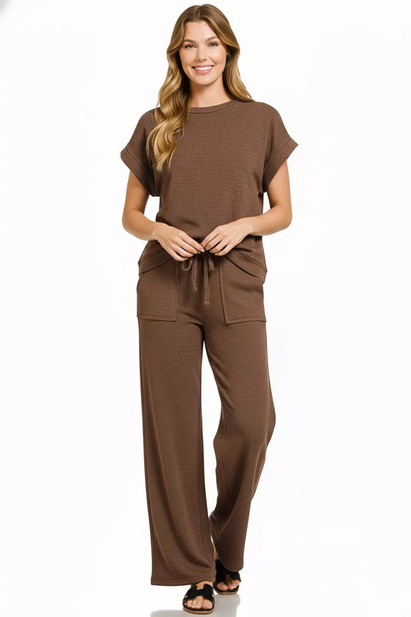 Hazel Blues® |  Zenana Cotton Slub Short Sleeve Tee and Pants Set