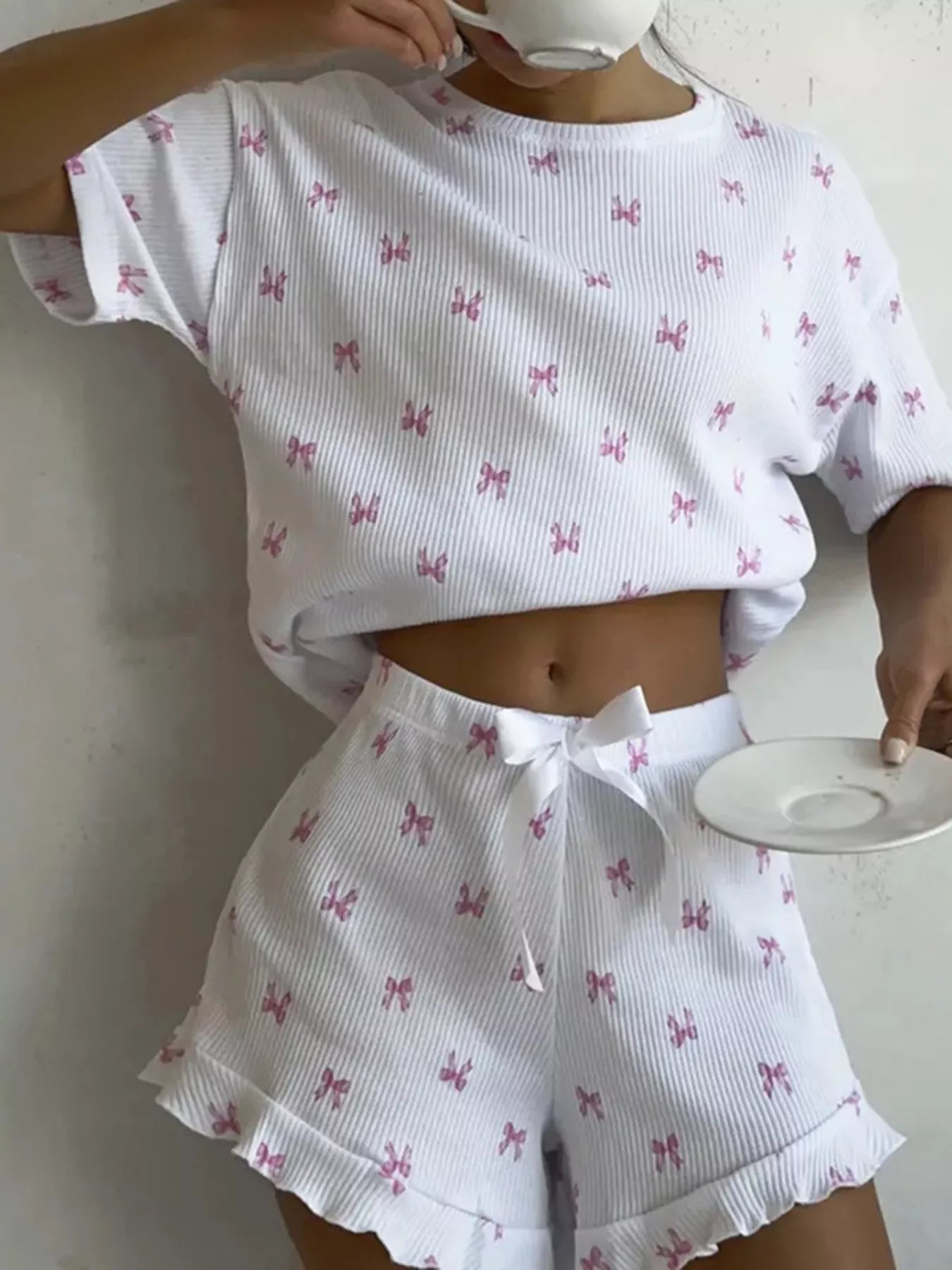 Hazel Blues® |  Ribbed Knit Bow Print Top and Shorts Lounge Set