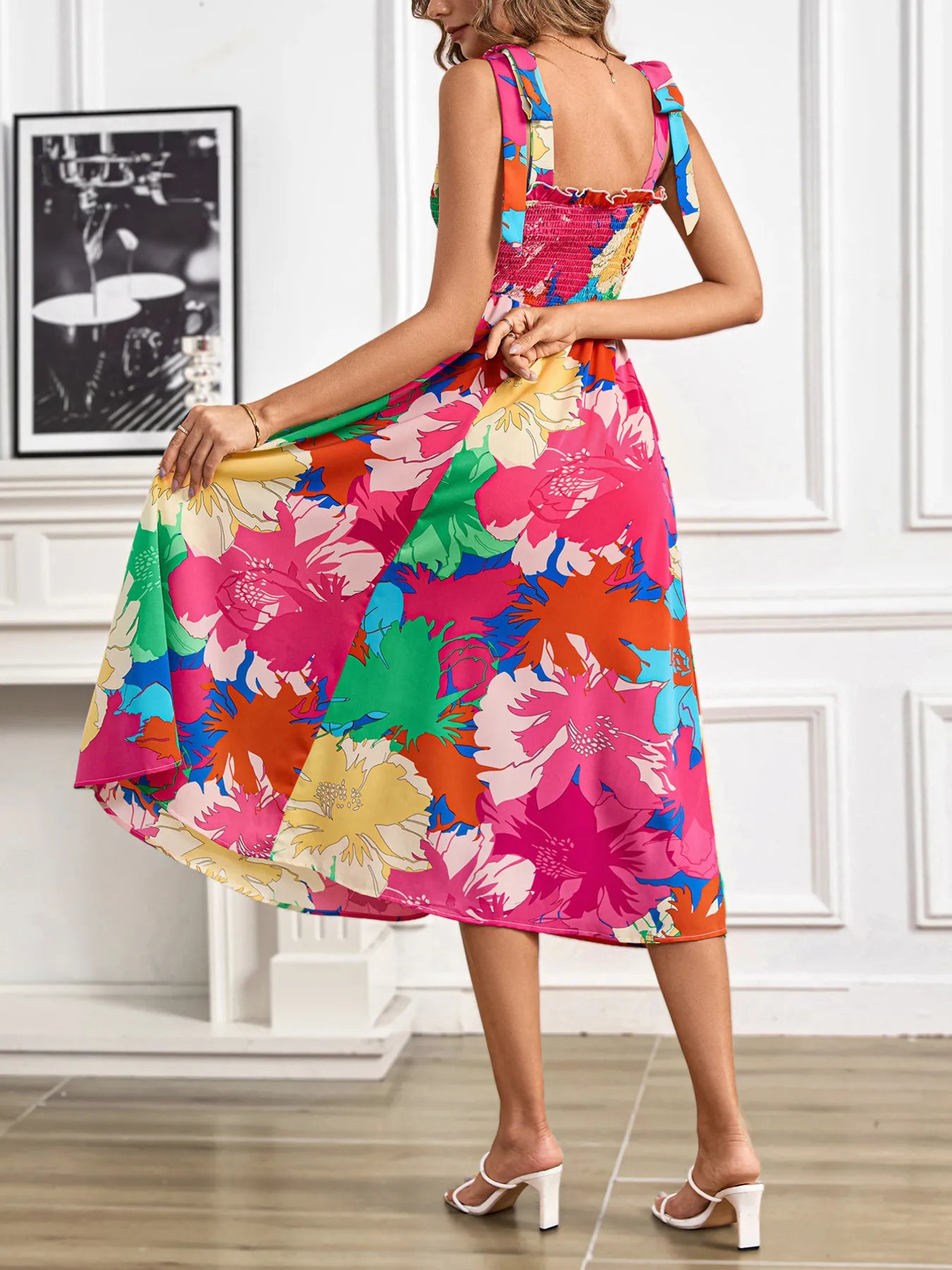 Hazel Blues® |  Smocked Printed Tie Shoulder Midi Dress