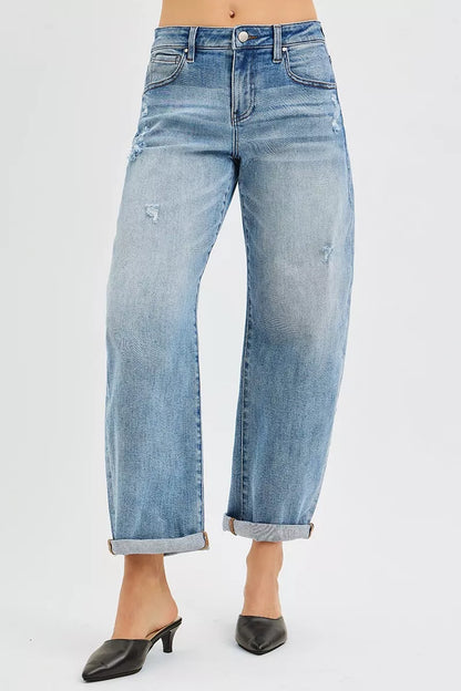 Hazel Blues® | RISEN Slouchy Ankle Length Barrel Jeans with Cuffs