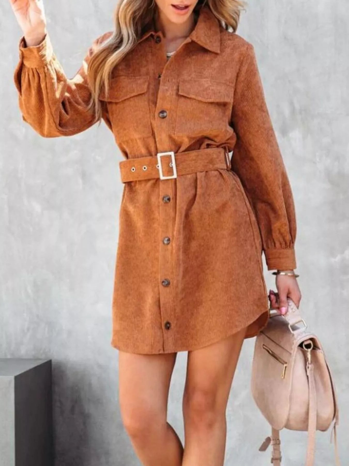 Hazel Blues® |  Button Front Belt Long Sleeve Corduroy Dress