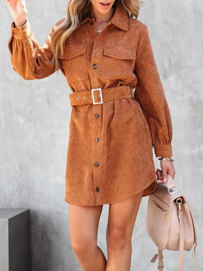 Hazel Blues® |  Button Front Belt Long Sleeve Corduroy Dress
