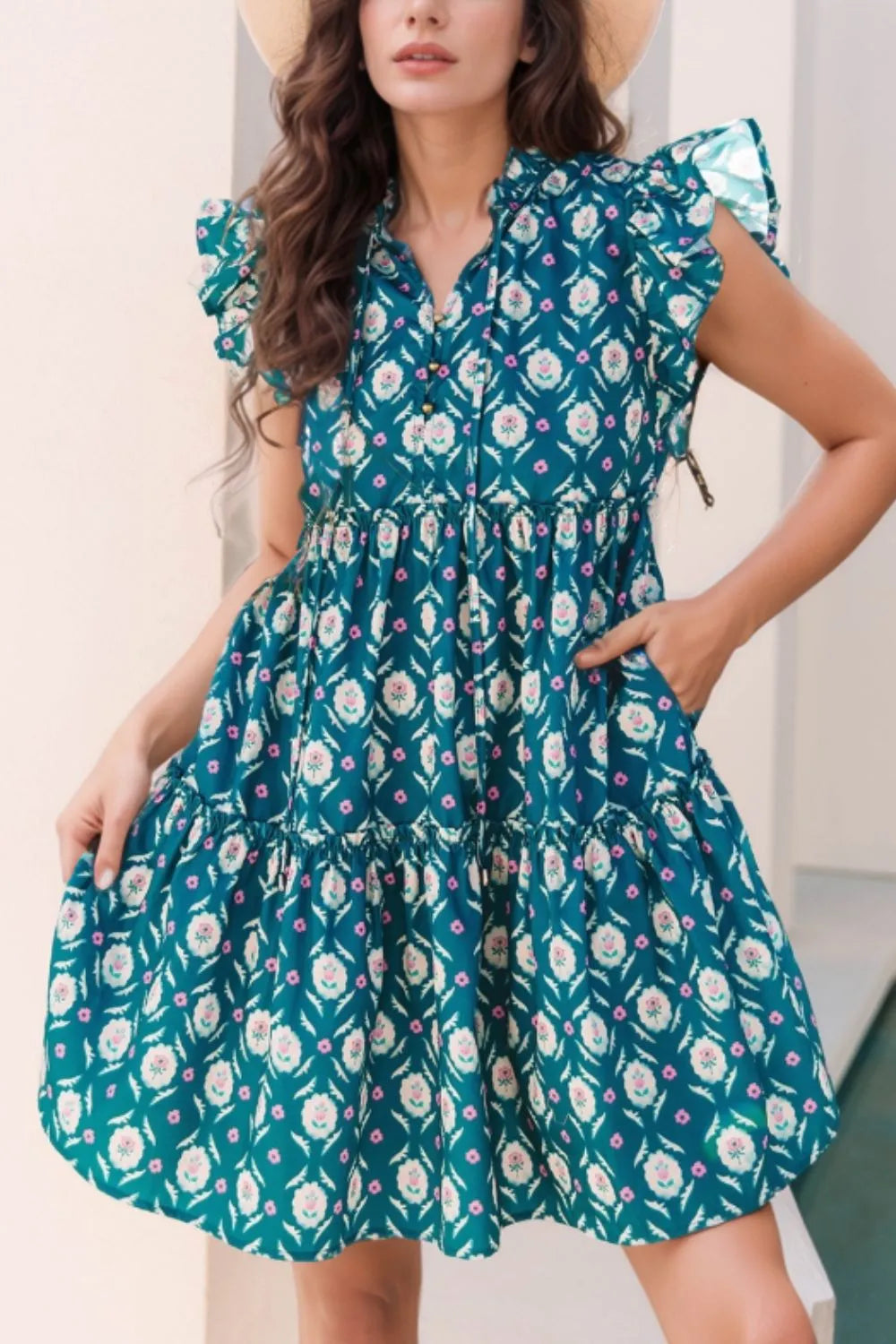 Hazel Blues® |  Printed Tie Neck Ruffled Cap Sleeve Dress