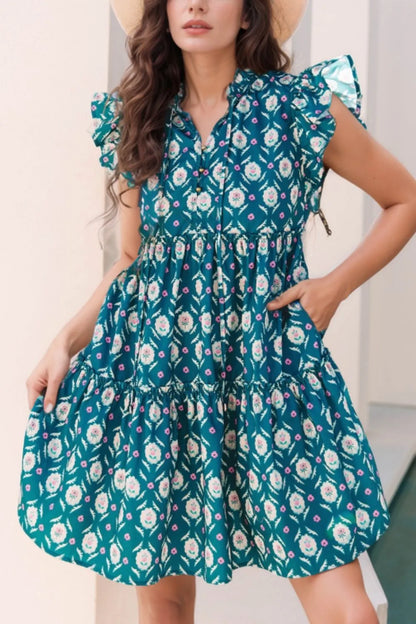 Hazel Blues® |  Printed Tie Neck Ruffled Cap Sleeve Dress