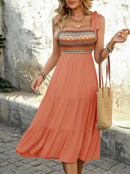 Hazel Blues® |  Tie Shoulder Square Neck Tiered Midi Dress