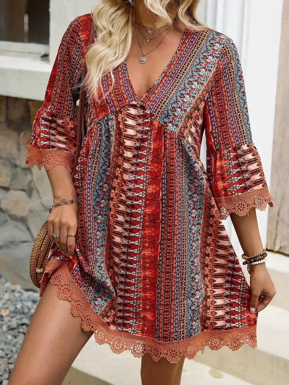 Hazel Blues® |  Lace Trim Printed V-Neck 3/4 Sleeve Dress