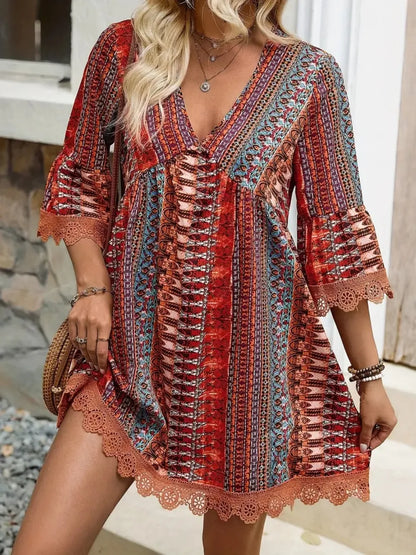Hazel Blues® |  Lace Trim Printed V-Neck 3/4 Sleeve Dress