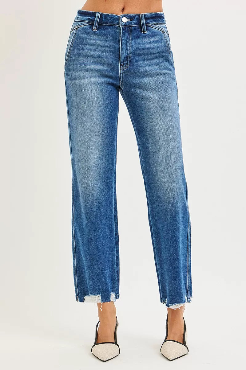 Hazel Blues® |  RISEN High Rise Ankle Straight Distressed Hem Detail Jeans