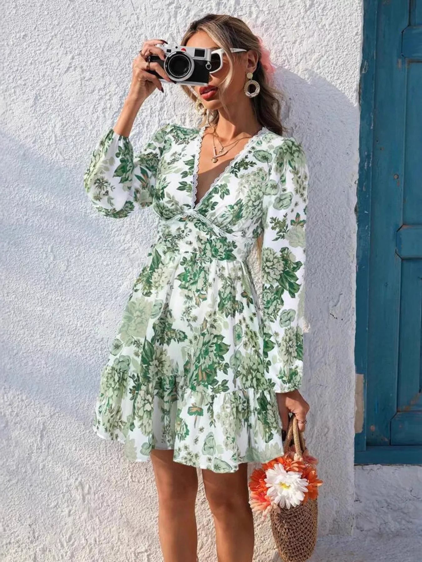 Hazel Blues® | Floral Print V-Neck Long Sleeve Ruffle Hem Mini Dress