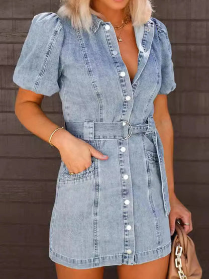 Hazel Blues® |  Button-Up Puff Sleeve Denim Shirt Dress