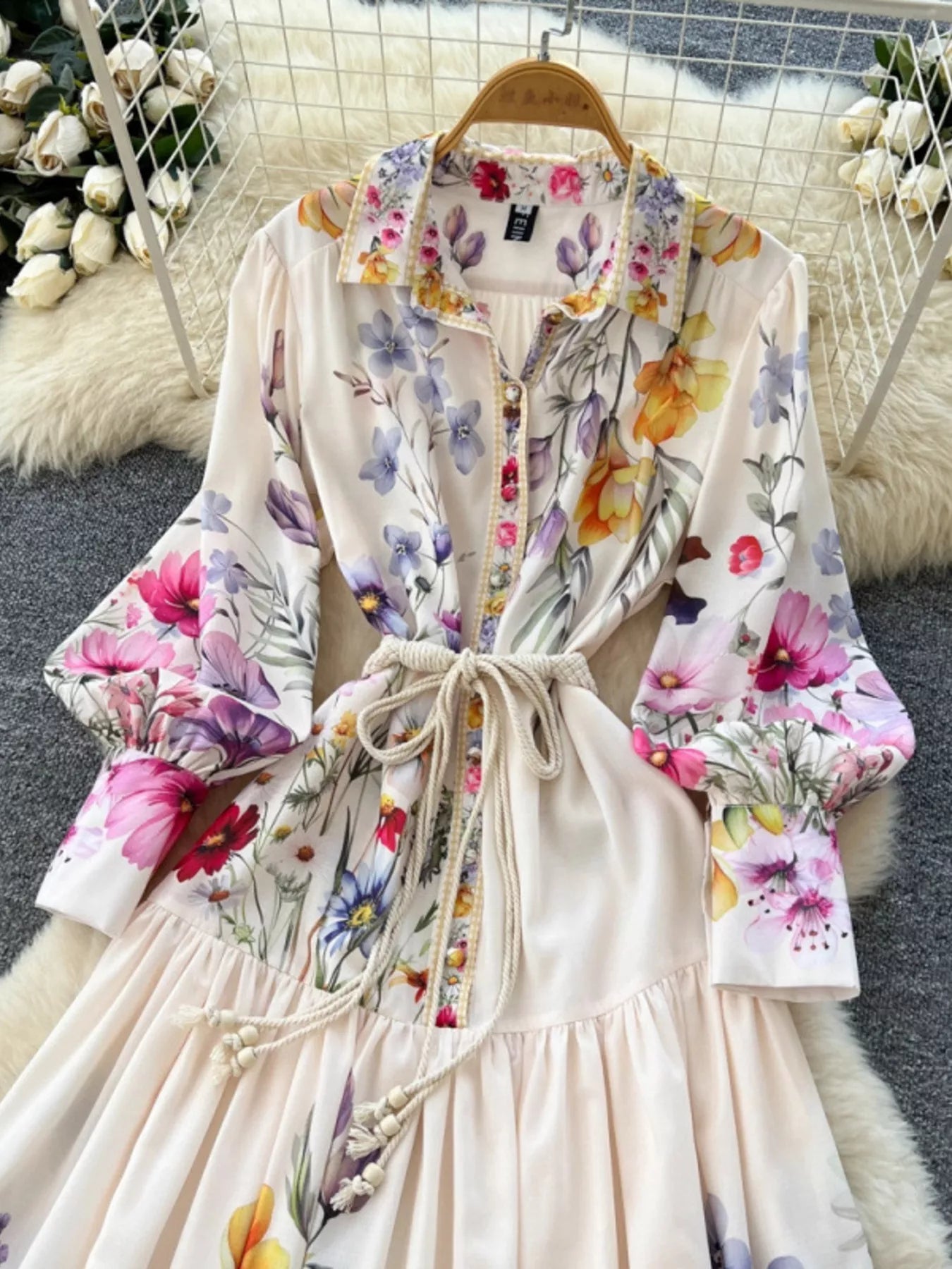 Hazel Blues® |  Floral Print Lantern Sleeve Midi Dress