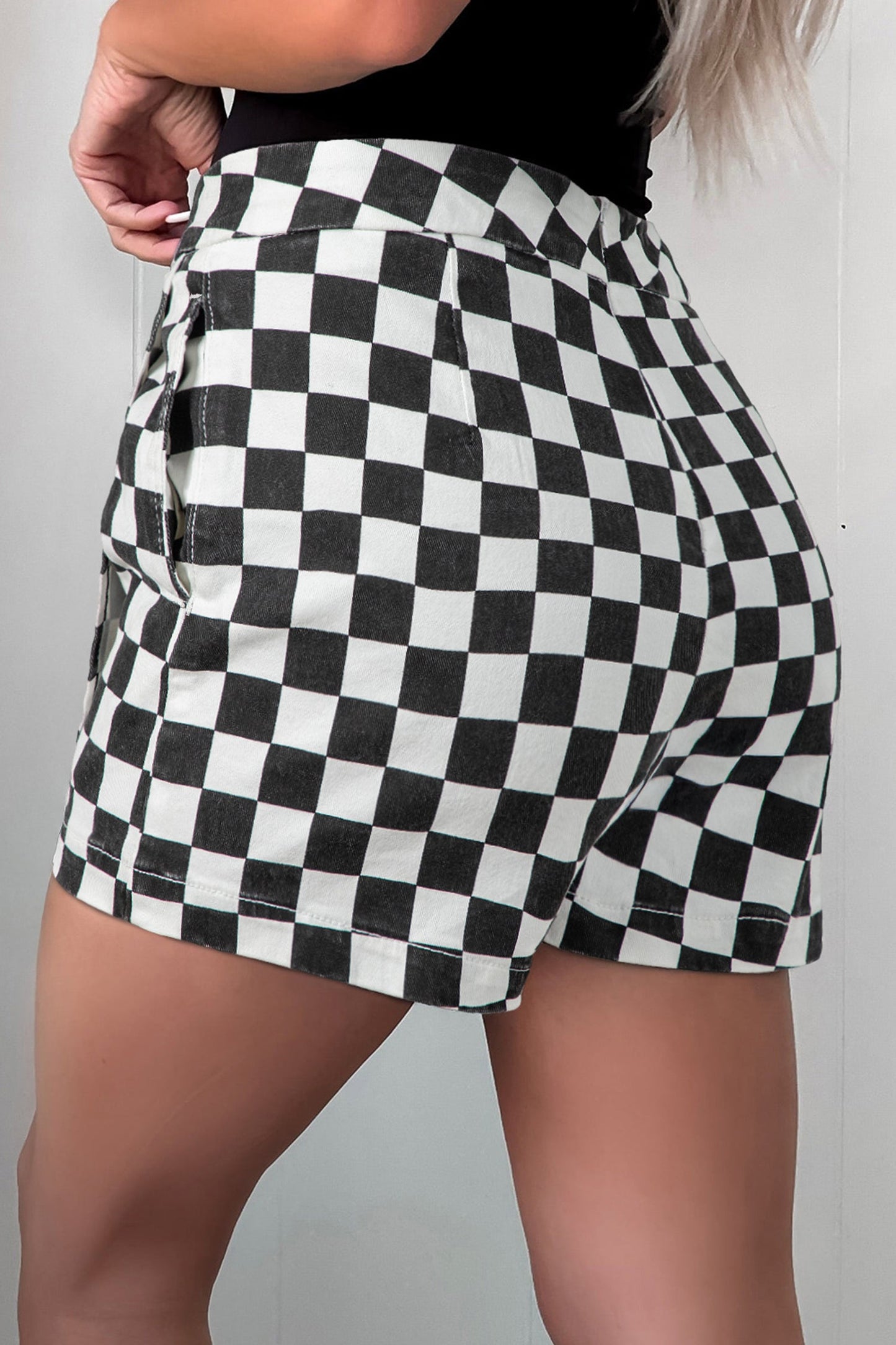 Hazel Blues® |  Black Checkered Print Overlap Denim Shorts