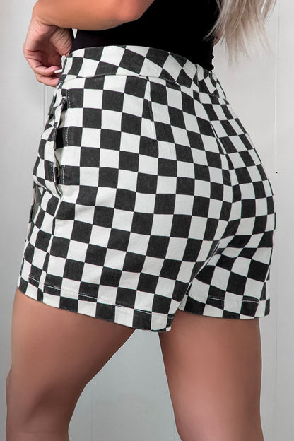 Hazel Blues® |  Black Checkered Print Overlap Denim Shorts