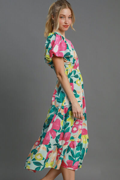 Hazel Blues® | Umgee Tiered Floral Print Notched Puff Sleeve Midi Dress