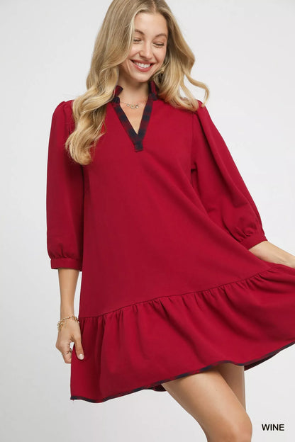 Hazel Blues® |  Umgee French Terry Ruffle Hem Dress with Plaid Trim