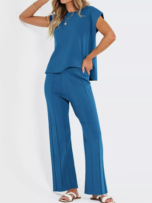 Hazel Blues® |  Casual Solid Color Cap Sleeve Top and Pants Knit Set