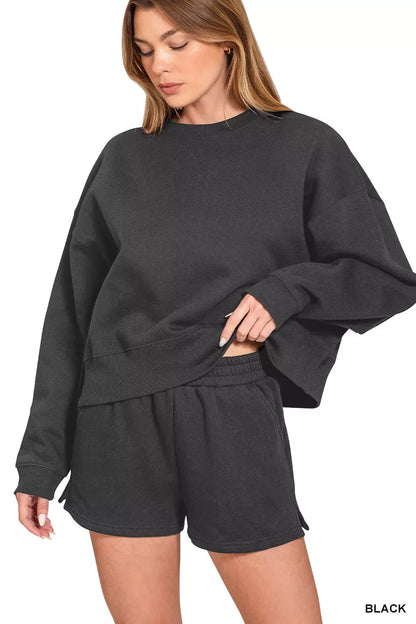 Hazel Blues® |  Zenana Fleece Round Neck Sweatshirt and Shorts Set