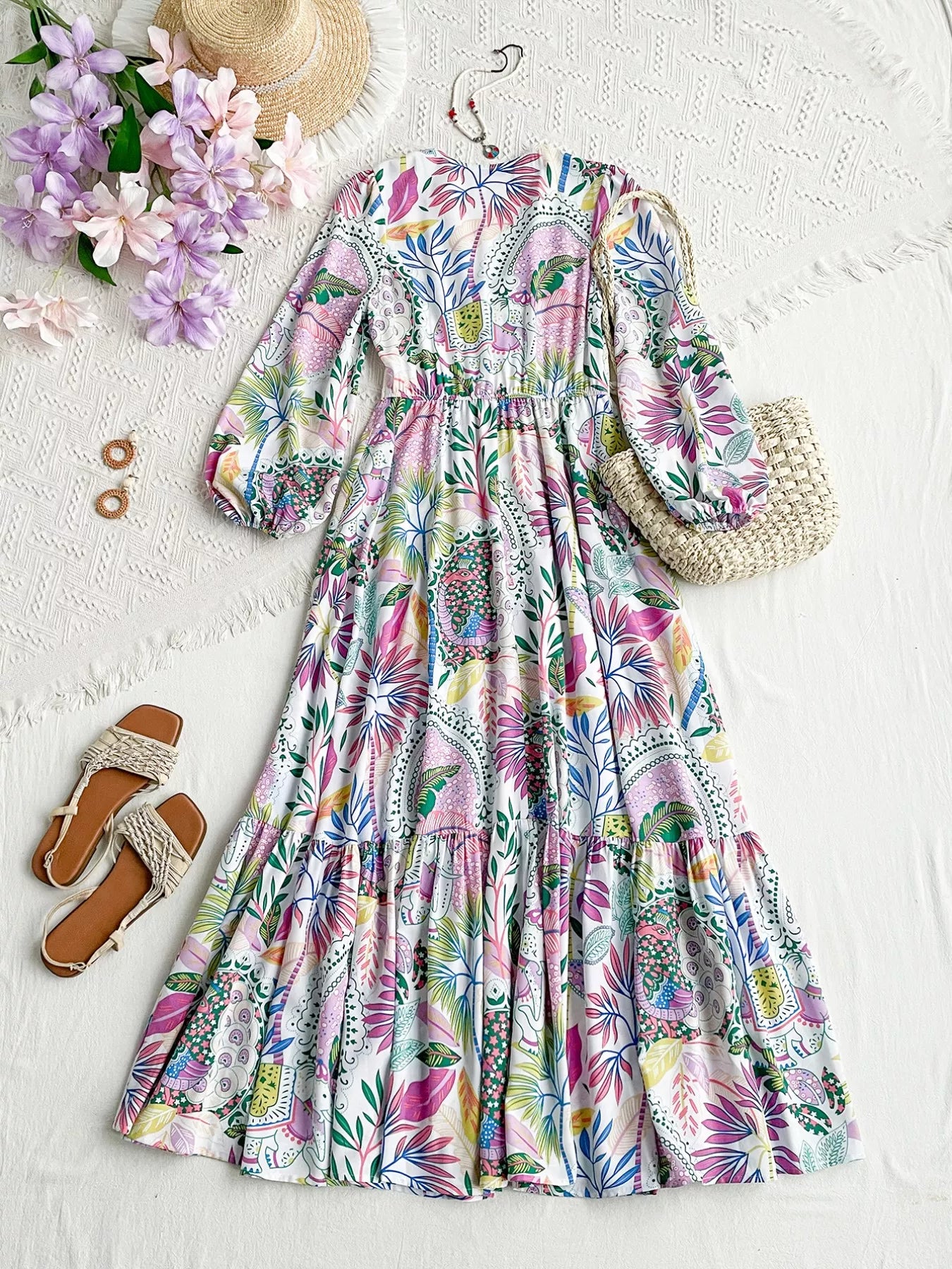 Hazel Blues® |  Lace Detail V-Neck Balloon Sleeve Dress