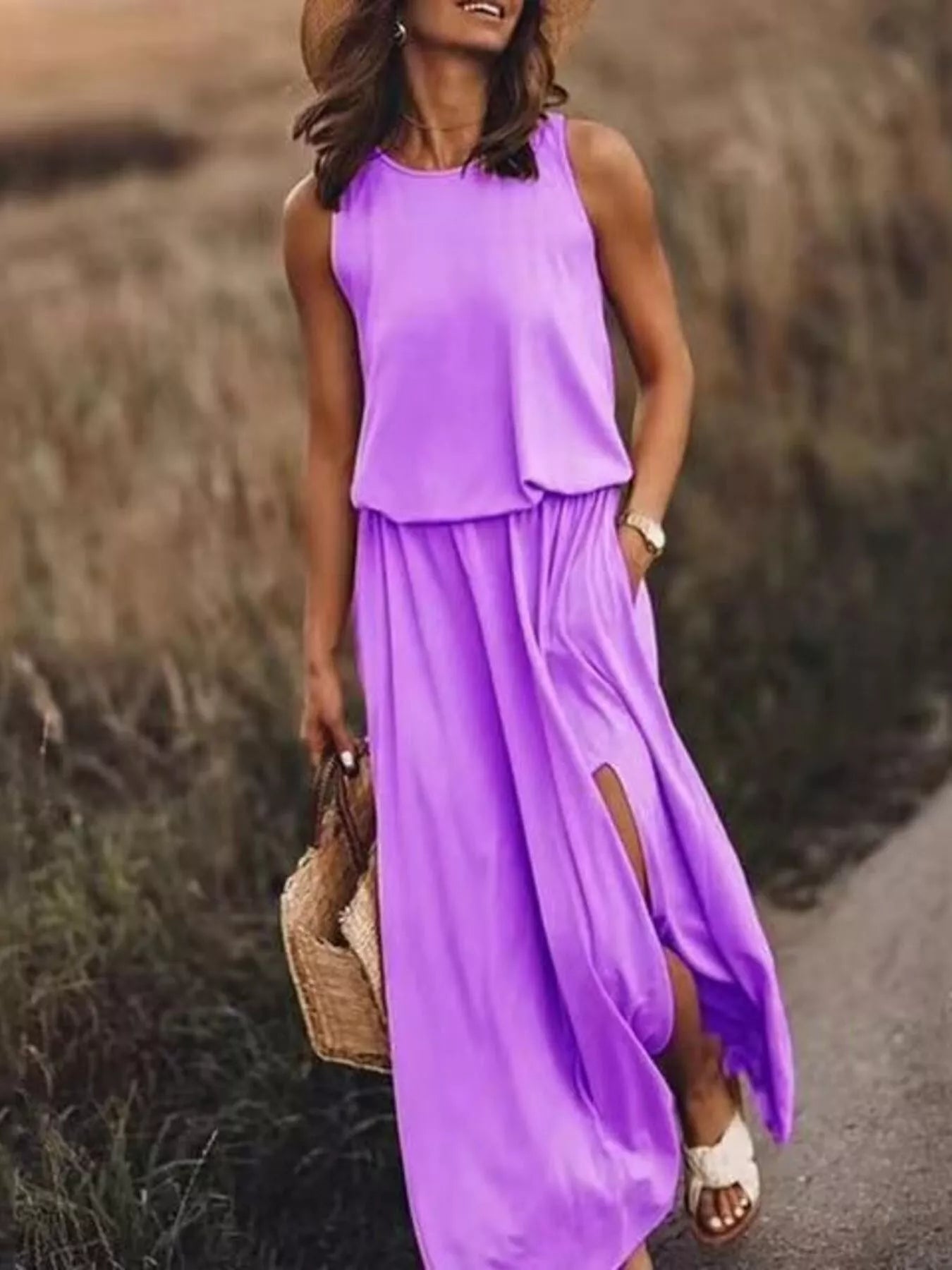 Hazel Blues® | Round Neck Sleeveless Slit Maxi Dress